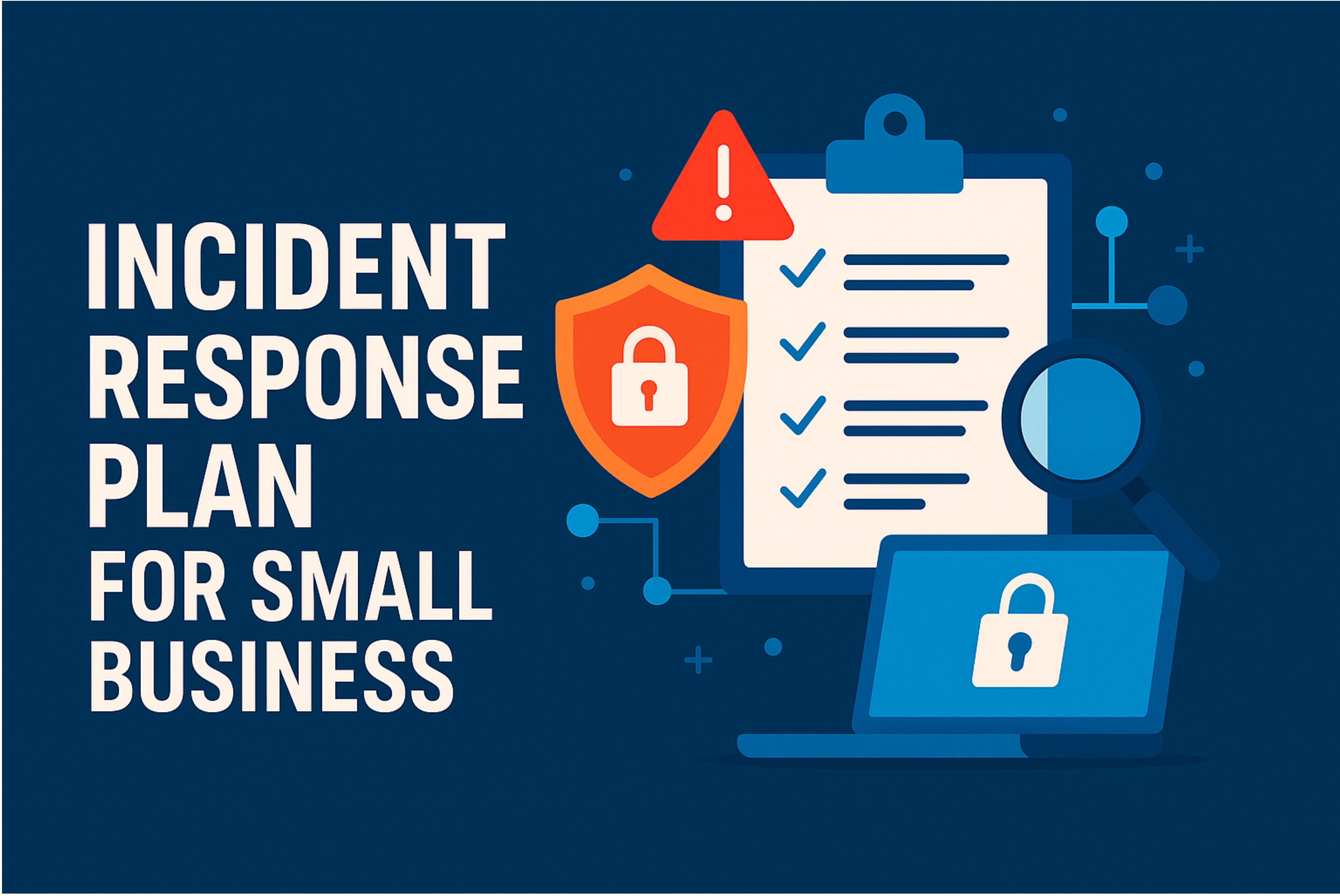 Illustration of an incident response plan concept for small businesses. Features bold white text on a blue background, a clipboard with checklist, an orange shield with a lock icon, a warning symbol, a magnifying glass, and a laptop displaying a lock — symbolizing cybersecurity readiness and planning
